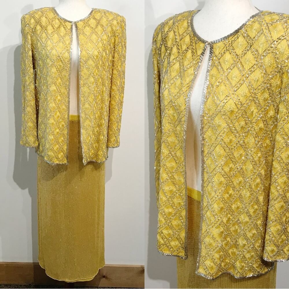 Vintage Della Roufogali Niteline Embroidered Beaded Jacket Skirt Set Yellow SM
